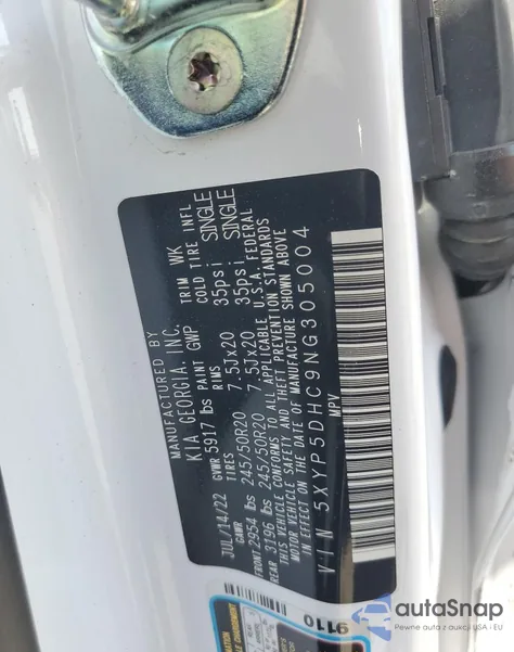 2022 Kia Telluride Sx z USA, uszkodzony, nr VIN 5XYP5DHC9NG305004